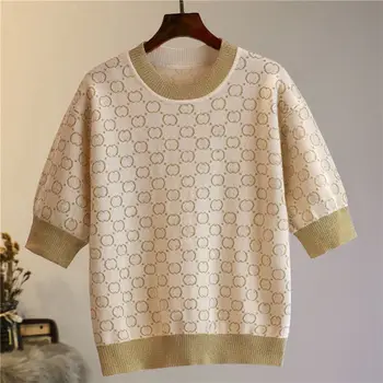 2020 summer new round neck short-sleeved shirt camel gold printed wool blend sweater women
2020 summer new round neck short-sleeved shirt camel gold printed wool blend sweater women