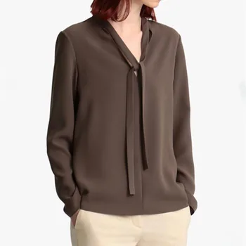 100% Silk Women OL Blouse V-Neck Lace-up Long Sleeve Office Wear Soft Shirt And Top 
100% Silk Women OL Blouse V-Neck Lace-up Long Sleeve Office Wear Soft Shirt And Top