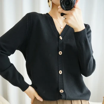 

Female cardigans autumn thin knitting blouse long sleeves v-neck cuff dense quality sewing stars button women knitwear