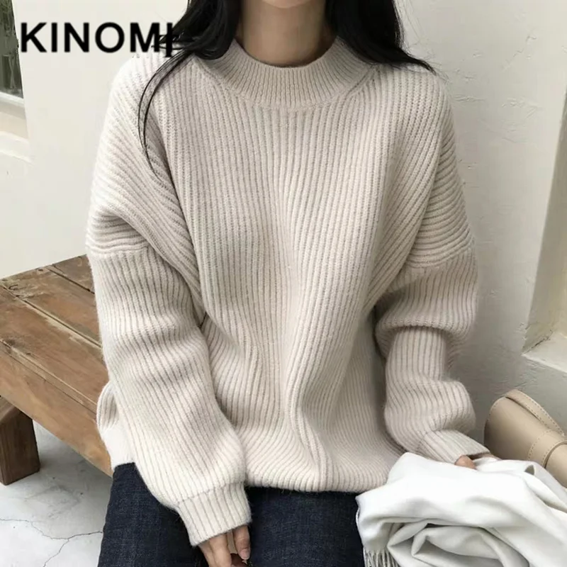 KINOMI осенне-зимние женские свитера Свободный пуловер с круглым вырезом корейский