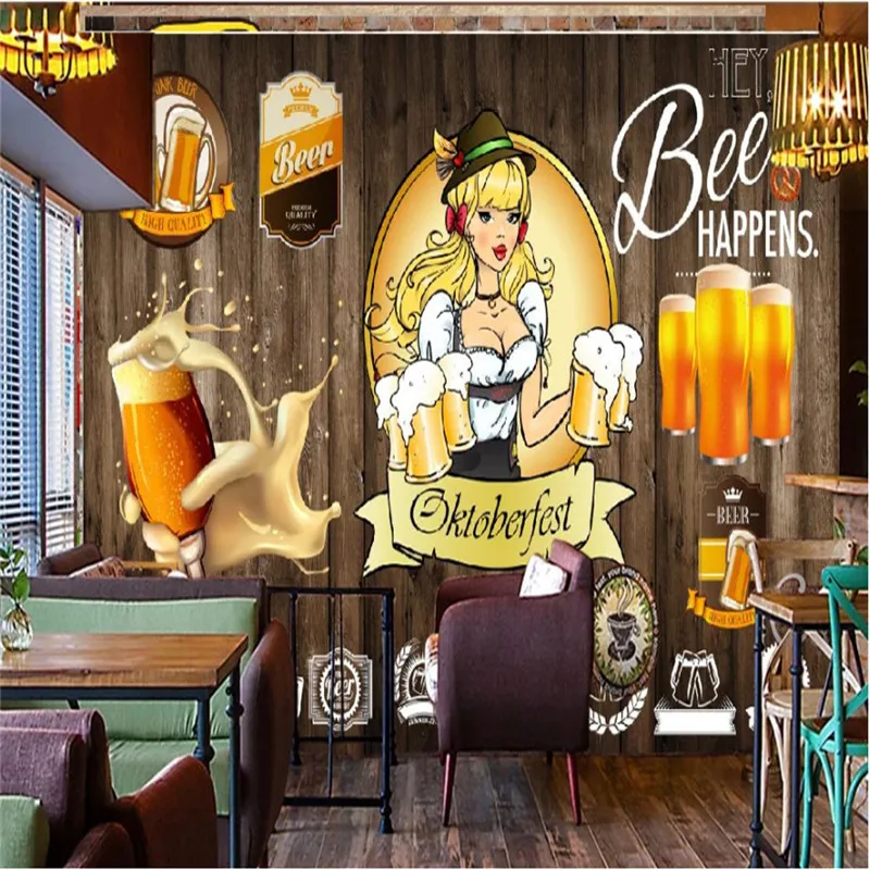 

Retro Nostalgic Beer Girl Catering Background 3D Wallpaper Mural Bar Restaurant Industrial Decor Dark Brown Board Wall Paper 3D