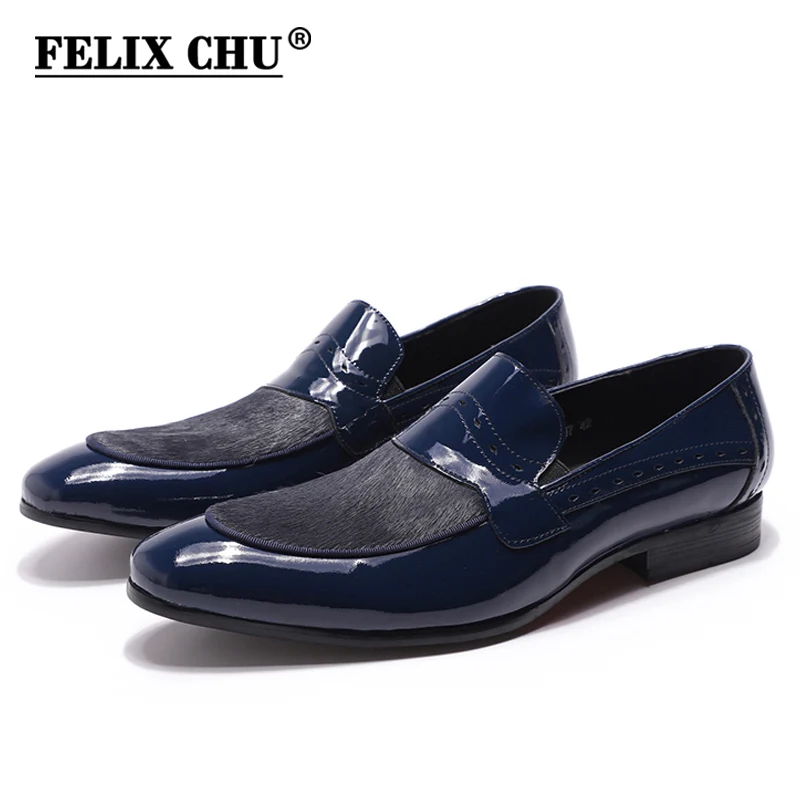 

FELIX CHU 2019 Autumn Mens Wedding Penny Loafers Patent Leather with Horse Hair Party Slip-On Black Blue Dress Shoes for Men