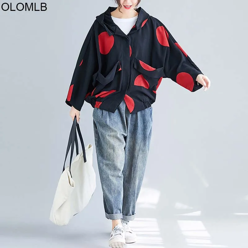 Фото 2019 Autumn Hooded Jacket Coat Streetwear Jacke Plus Size Women Casual Polka Dot Oversized Fall Korean Womens Jackets and Coats | Верхняя