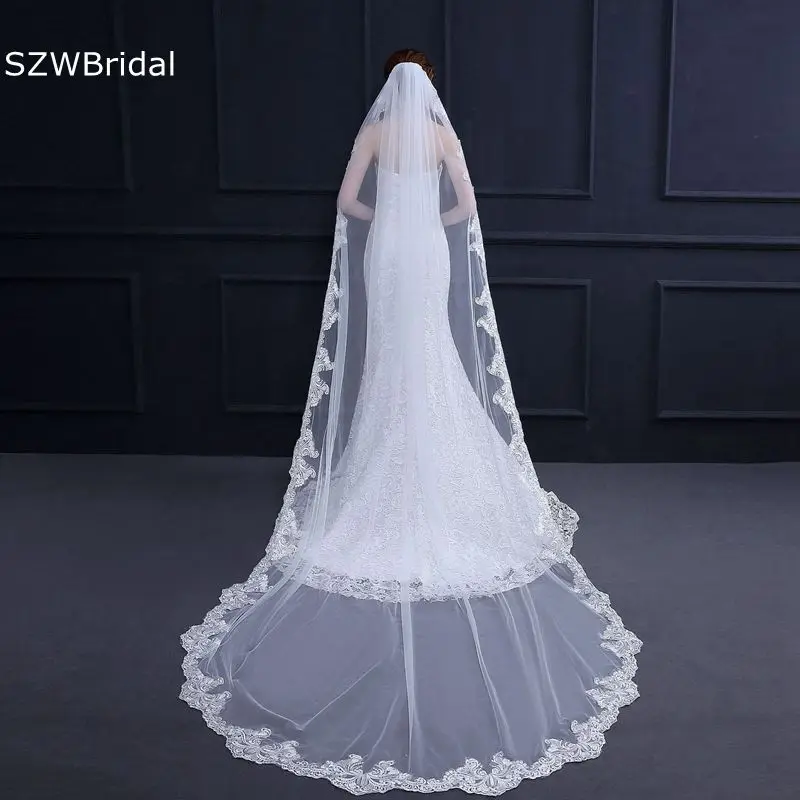 

New Arrival White Ivory Wedding veils Lace Edge Cathedral Bridal veil Veu de noiva Voile mariage Wedding accessories Wesele