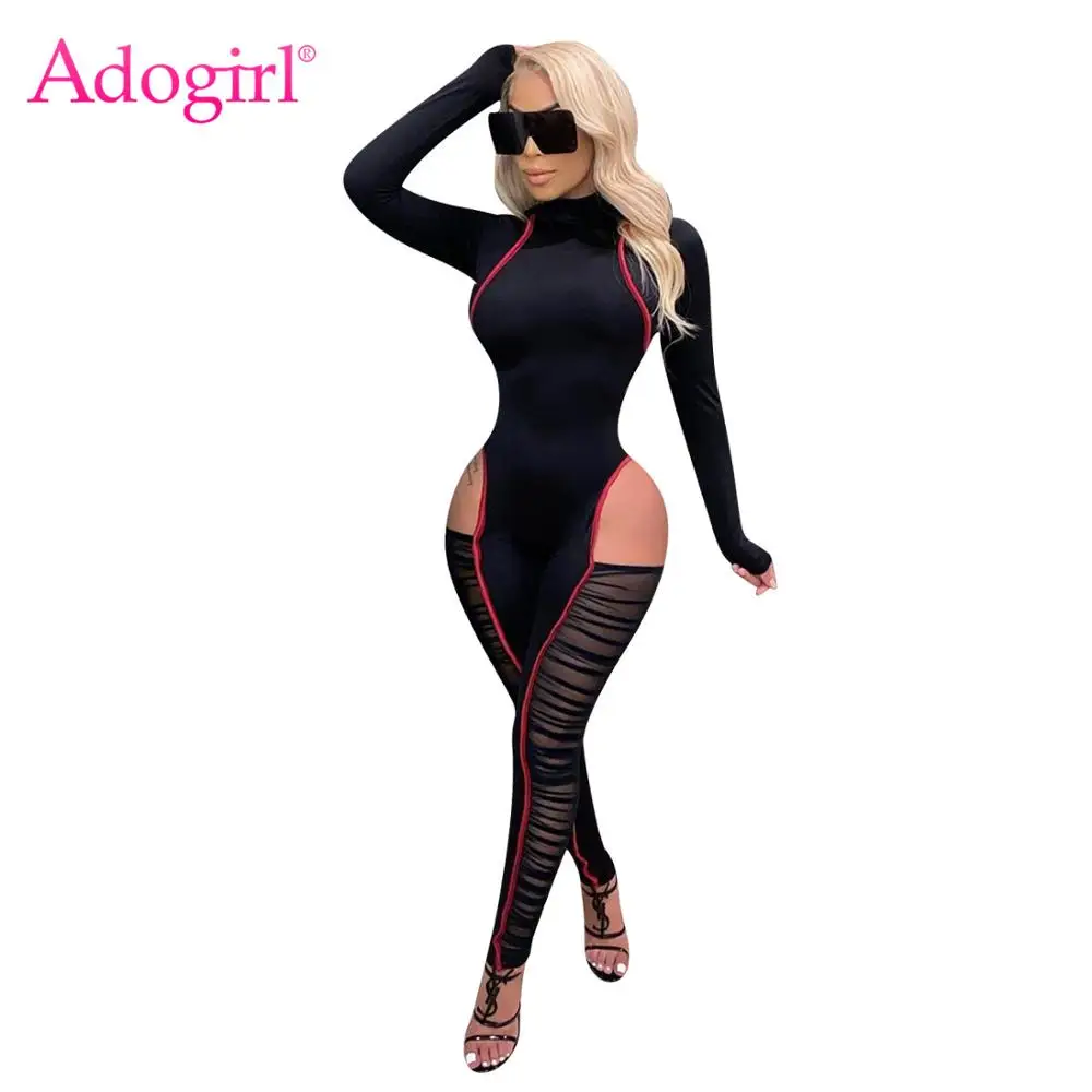 

Adogirl Sexy Sheer Mesh Patchwork Rushed Jumpsuit Turtleneck Long Sleeve Skinny Pleated Romper One Piece Night Club Overall