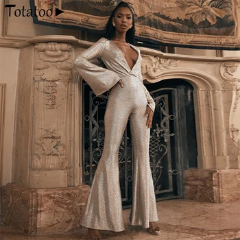 Totatoop Sexy Deep V Neck Flare Pants Jumpsuit Women 2020 Long Sleeve Sparkle Shiny Rompers Club Party Sliver Overalls 
Totatoop Sexy Deep V Neck Flare Pants Jumpsuit Women 2020 Long Sleeve Sparkle Shiny Rompers Club Party Sliver Overalls