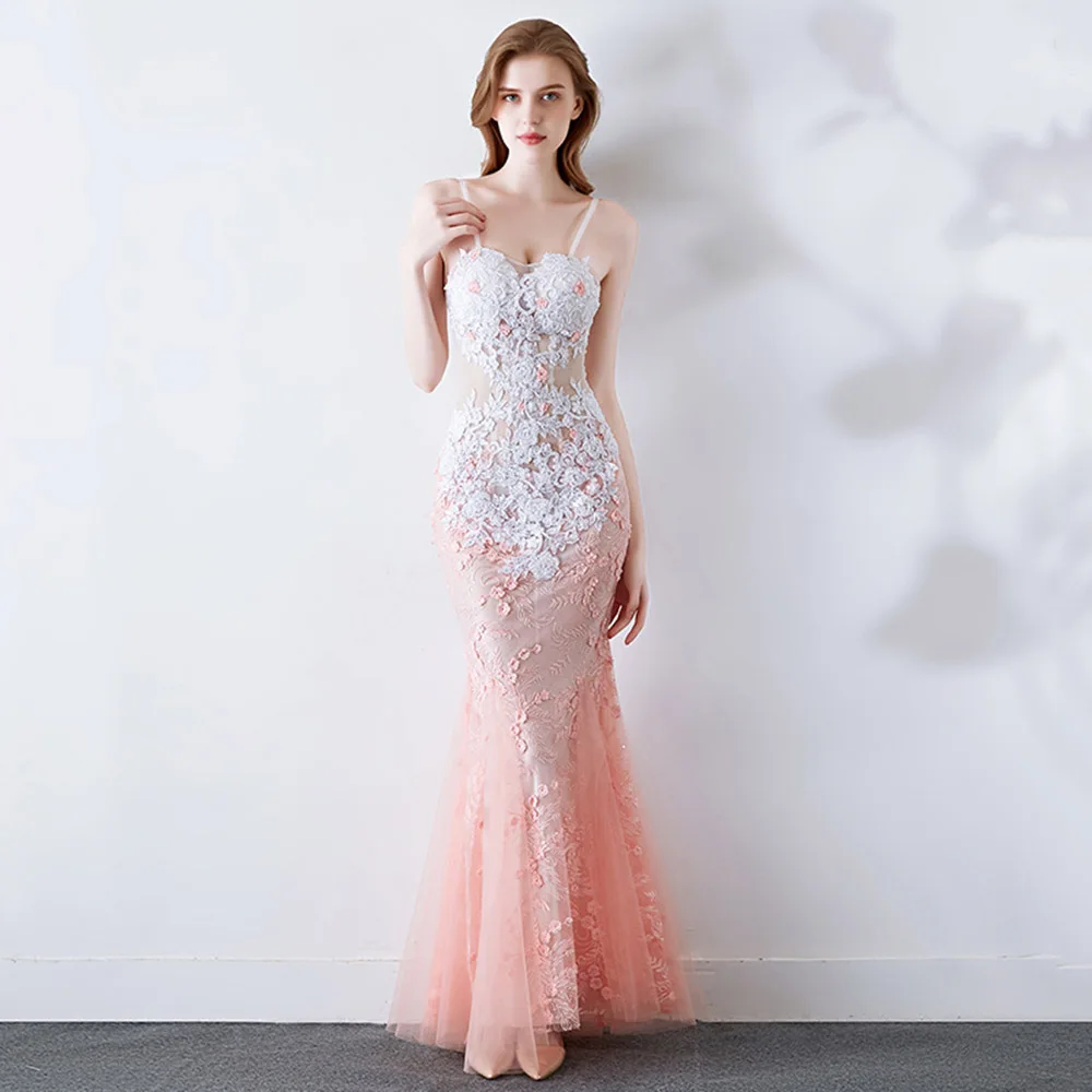 Fleash Pink Prom Dress Spaghetti Straps Mermaid Appliques Lace Transparent Floor Length Evening Party Formal Prom Dresses 
Fleash Pink Prom Dress Spaghetti Straps Mermaid Appliques Lace Transparent Floor Length Evening Party Formal Prom Dresses
