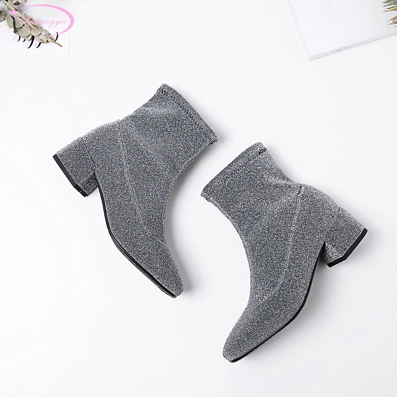 Party style round toe ankle boots fashion glitter bling silver black stretch boots medium with chunky riding boots women's shoes
Party style round toe ankle boots fashion glitter bling silver black stretch boots medium with chunky riding boots women's shoes