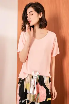 Zomer Pyjama Set Vrouwen Comfortabel Katoen Viscose Contrasterende Kleur Pyjama Korte Mouw Tops Met Lange Broek Dames Pj Set