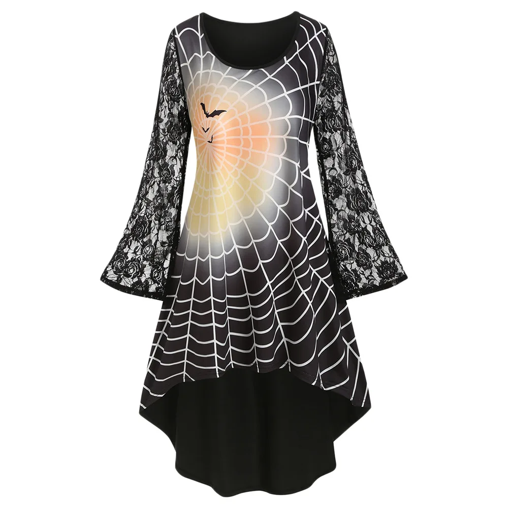 

ROSEGAL Spring Fall Plus Size Gothic Dress Women Halloween Spider Web Print Dress Lace Long Sleeve Women Mini Party Retro Dress