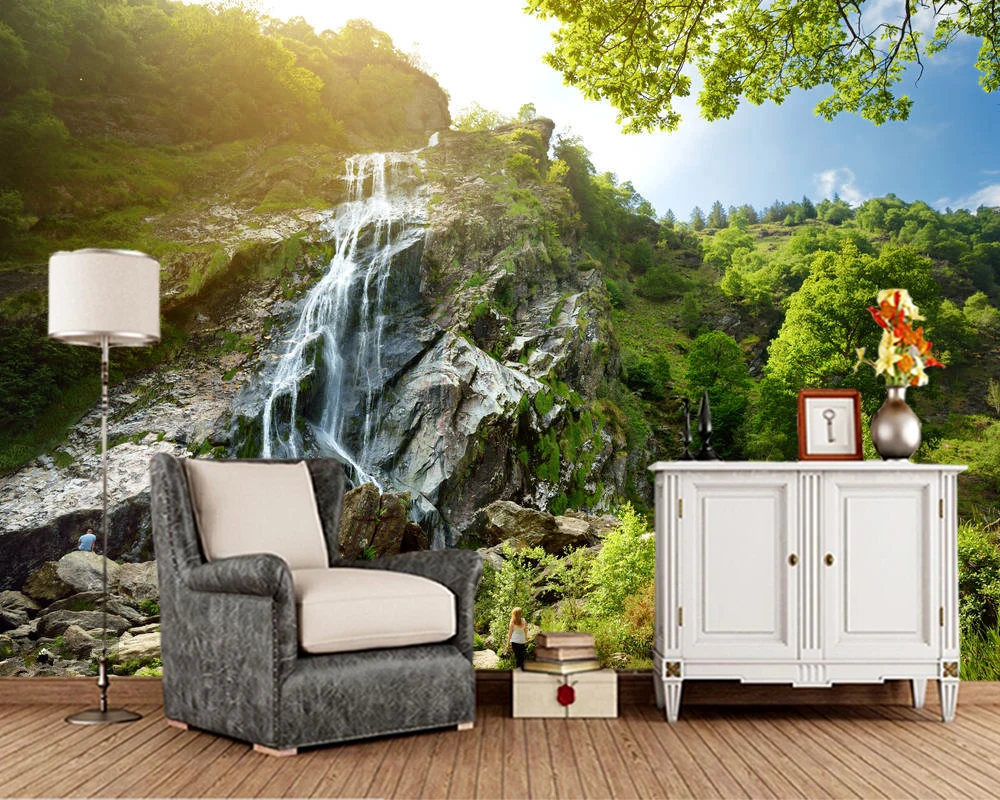 Обои 3d с изображением водопада леса гор камня Настенные обои для гостиной