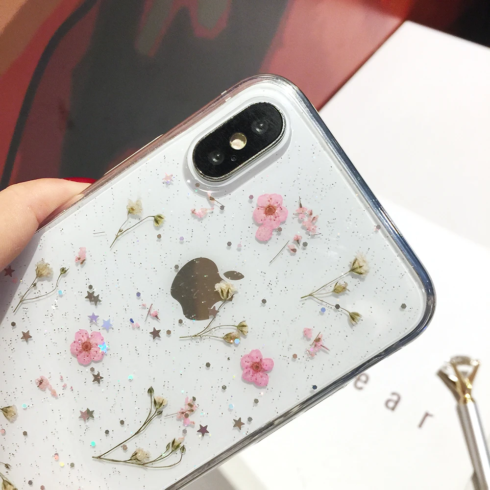 Прозрачный чехол Qianliyao с натуральными сухими цветами и блестками для iPhone 12 Pro Max X 7