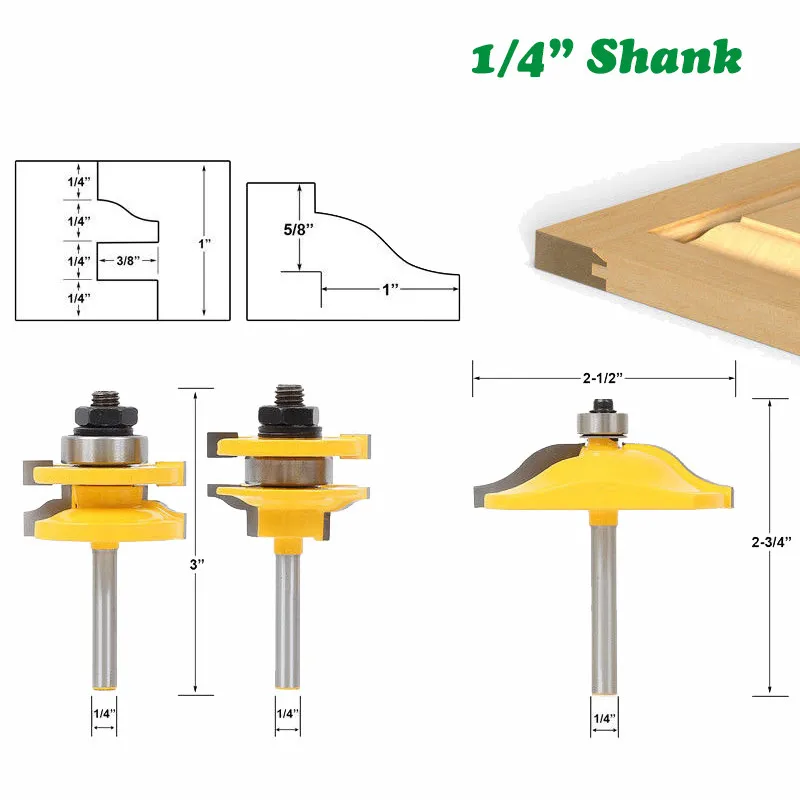 3pcs/set 1/4" Shank Milling Cutter Woodwork Large Door Panel Cabinet Tenon Router Bit Cabinet Rail Stile Panel Raiser Ogee 01046
3pcs/set 1/4" Shank Milling Cutter Woodwork Large Door Panel Cabinet Tenon Router Bit Cabinet Rail Stile Panel Raiser Ogee 01046