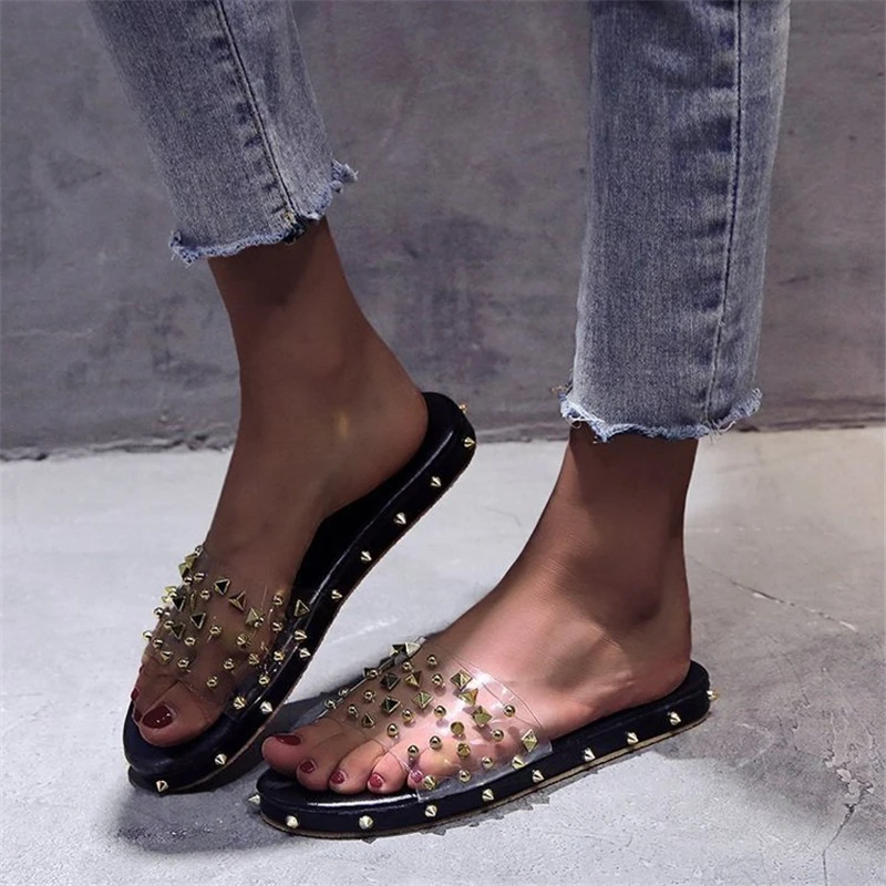 

Siddons PVC Transparent Women Slippers Summer Sandals Open Toe Gold Rivets Studs Ladies Beach Flat Shoes Woman Gladiator Slipper