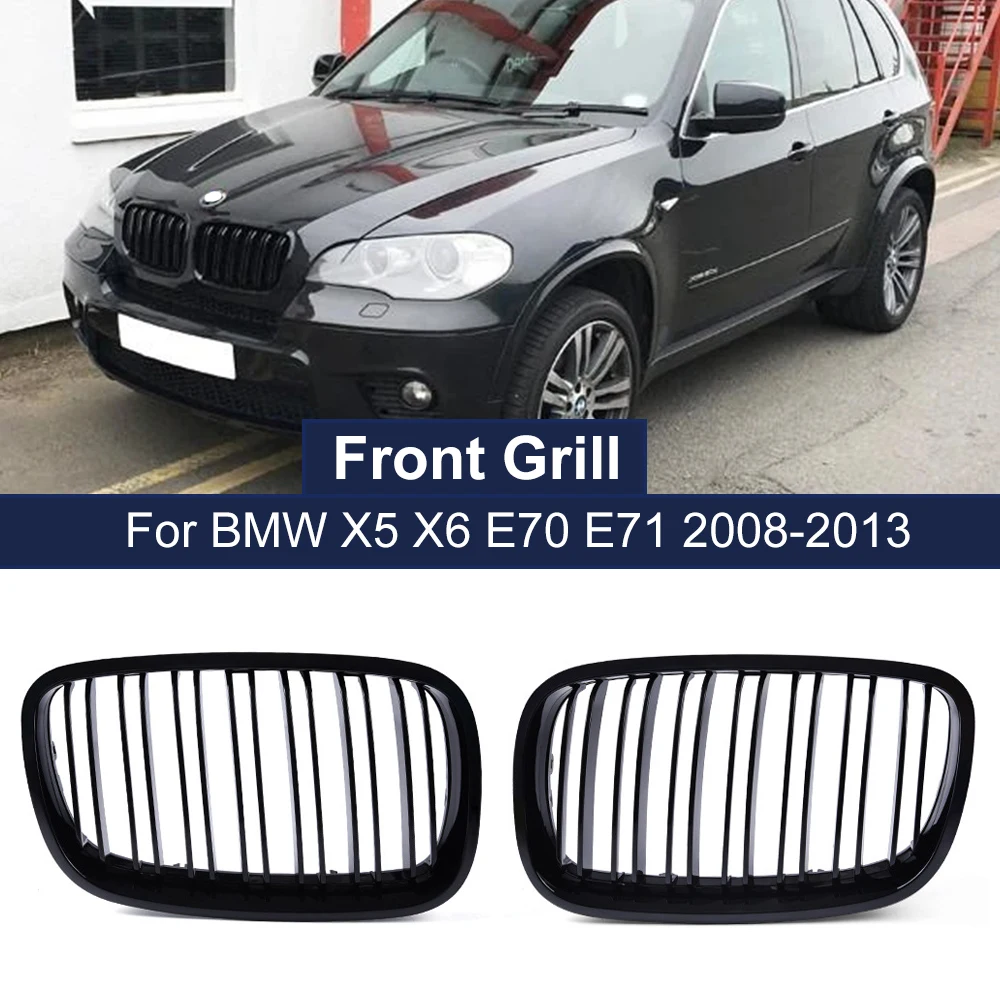 

2PCS Bumper Kidney Grille Front Grill Double Slat Line For BMW X5 X6 E70 E71 2008-2013 Car Styling Gloss Black Racing Grills