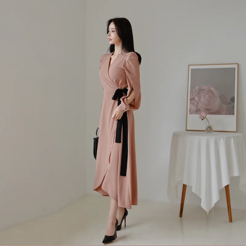 Autumn WOMEN'S Dress 2019 Korean-style Elegant V-neck Open Sleeve Mid-length Lace-up Bow Asymmetric Skirt 
Autumn WOMEN'S Dress 2019 Korean-style Elegant V-neck Open Sleeve Mid-length Lace-up Bow Asymmetric Skirt