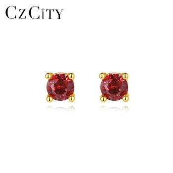 

CZCITY Three Pairs 925 Sterling Silver Stud Earrings for Women Girls Yellow White Dark Red Small Round Fine Jewelry Gifts SE-475