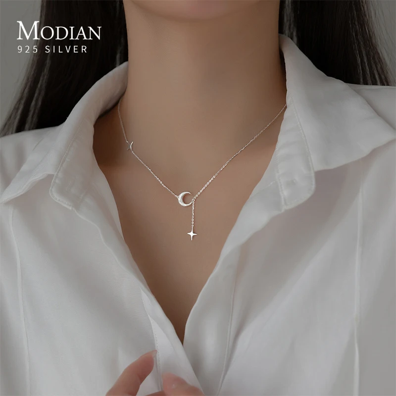 

MODIAN 925 Sterling Silver Exquisite Moon Scrub Pendant Necklace for Women Simple Star Chain Choker Plated Platinum Jewelry Gift