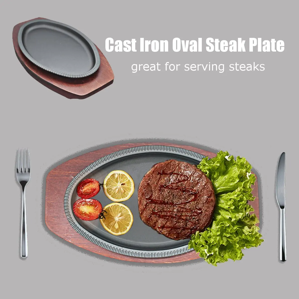 22x13cm Oval Steak Plate Cast Iron Steak Sizzling Platter Meat BBQ Grill Pan Wooden Tray Base Kitchen Cooking Tools Cookware
22x13cm Oval Steak Plate Cast Iron Steak Sizzling Platter Meat BBQ Grill Pan Wooden Tray Base Kitchen Cooking Tools Cookware