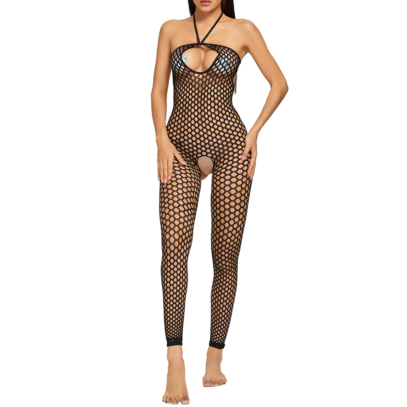 

Women Sexy Lingerie Hollow Out Fishnet Sleeveless Crotchless Bodysuit Nightwear Lingerie See-through Mesh Leotard Bodystocking