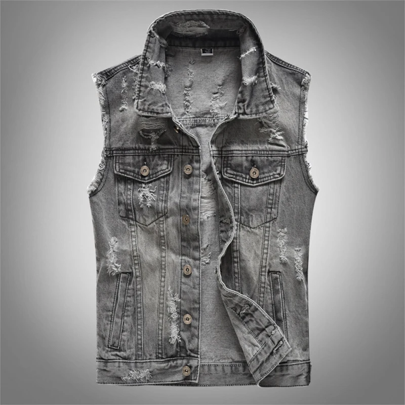 Hot Spring Autumn Mens Denim Vest Male Cowboy Gilet Homme Sleeveless Jackets Men Ripped Hip Hop Hole Jean Waistcoats Clothing