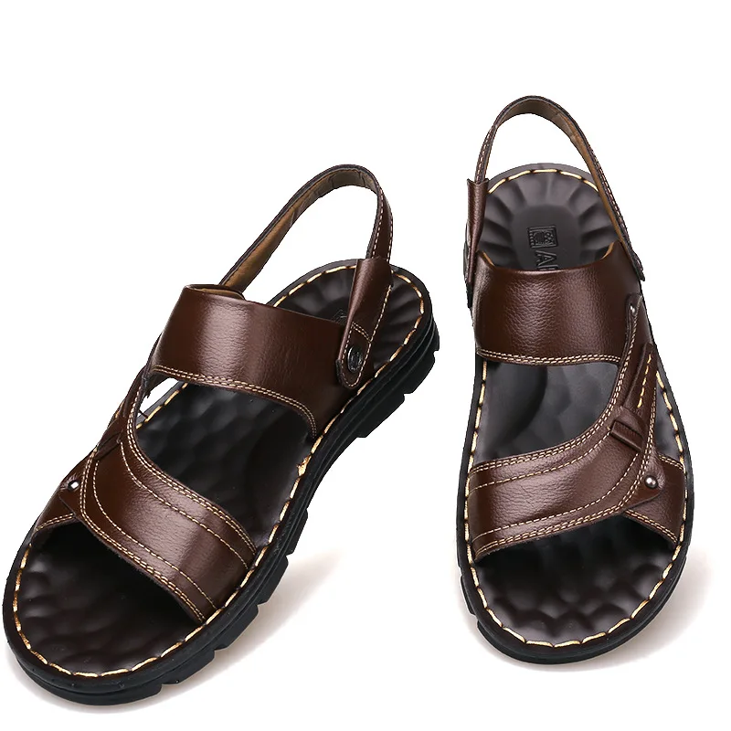 Мужские кожаные сандалии Повседневная пляжная обувь Нескользящие шлепанцы 2