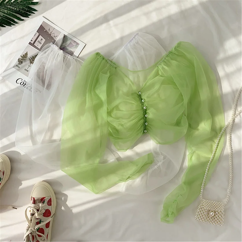 Summer Autumn Short Blouse Woman 2019 New Fashion Perspective Mesh Shirt Long-sleeved Female Temperament V-collar Coat Tops
Summer Autumn Short Blouse Woman 2019 New Fashion Perspective Mesh Shirt Long-sleeved Female Temperament V-collar Coat Tops