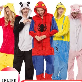 

Adults Pajamas Women Flannel Sleepwear Unisex Spiderman Pokemon Pikachu Cartoon Animal Pajama Set Hooded Pyjamas Panda Kigurumi