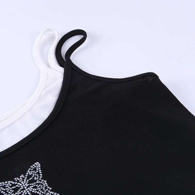 InsDoit Harajuku Vintage Sexy Black White Camis Gothic Punk Two Pieces Patchwork Camis Streetwear Casual Sleeveless Crop Tops