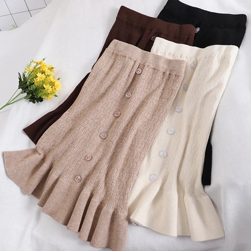 Korean Ruffled Skirt Women Autumn Winter Chic Elastic Waist Button Knit Skirt Sweet High Waist Solid Knee-length Trumpet Skirt
Korean Ruffled Skirt Women Autumn Winter Chic Elastic Waist Button Knit Skirt Sweet High Waist Solid Knee-length Trumpet Skirt