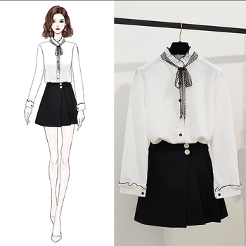 2020 Female Suits Lace Patchwork Stand Neck Chiffon Blouse Black Mini Skirt Two Piece Women's Sets Dress
2020 Female Suits Lace Patchwork Stand Neck Chiffon Blouse Black Mini Skirt Two Piece Women's Sets Dress