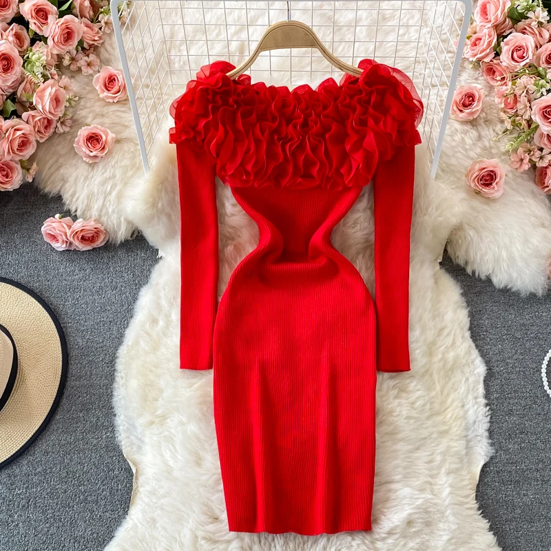 

Ruffles Slash Neck Dresses For Women Sexy Strapless Ribbed Knitted Bodycon Dress Women Autumn Long Sleeve Mini Sweater Dress