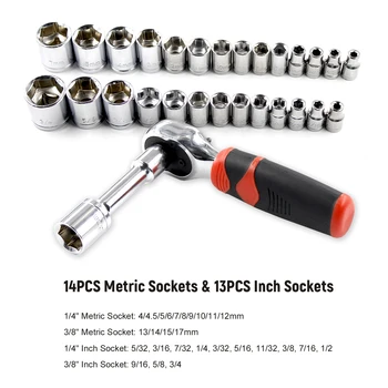 49PCS Ratchet Screwdriver Socket Spanner Kit with 16-Pieces Screwdriver Bits + 14-Pieces Metric Sockets + 13-Pieces Inch Sockets
49PCS Ratchet Screwdriver Socket Spanner Kit with 16-Pieces Screwdriver Bits + 14-Pieces Metric Sockets + 13-Pieces Inch Sockets