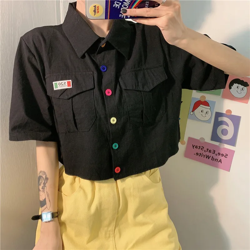 Harajuku Women Shirt Harajuku Short Sleeve Polo Collar Casual Cotton Preppy Top Girls Fashion Letter Embroidery Blusas Femininas