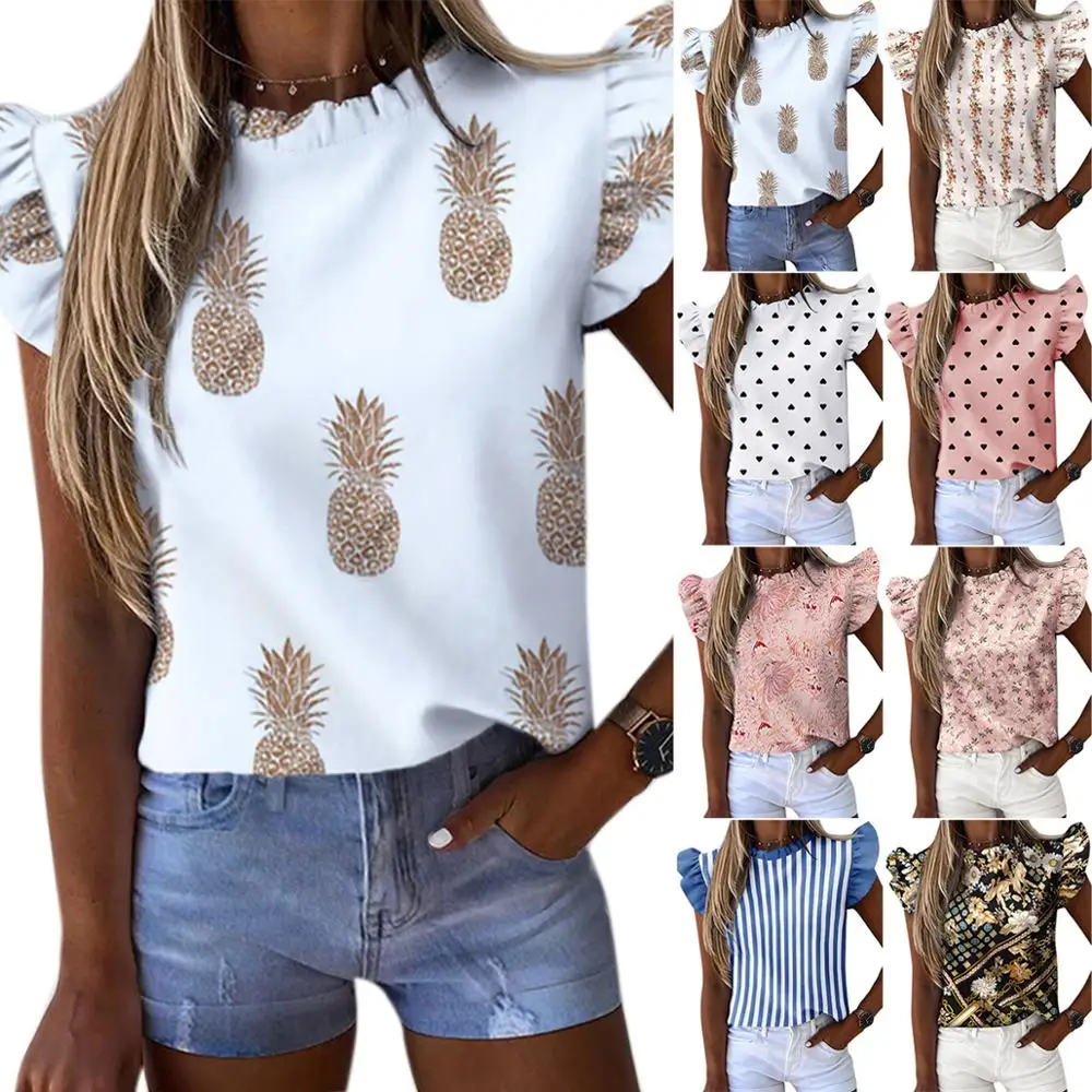 Фото Viabo Womens Tshirt Summer Ruffles Sleeves Pineapple Dot Striped Print T Shirt 2020 New O Neck Female Tunic Ladies Tops Hot | Женская
