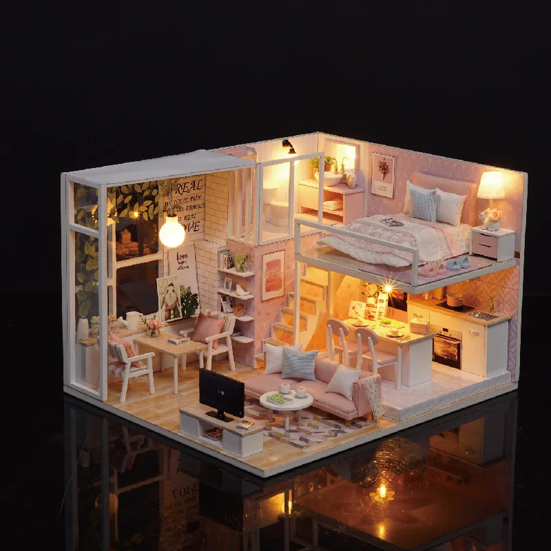 

Wooden Doll House Furniture DIY House Miniature Box Puzzle Assemble 3D Miniaturas Dollhouse Kits Toys For Children Birthday Gift