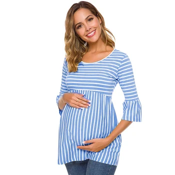 

Benemaker Women's Striped Peplum Maternity Top 3/4 Ruffles Bell Sleeve Loose Tunic Maternity Clothes Pregnancy Shirt AP018