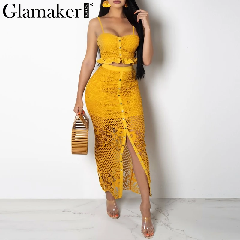 Женское ажурное платье Glamaker желтое длинное белое с оборками облегающее Макси