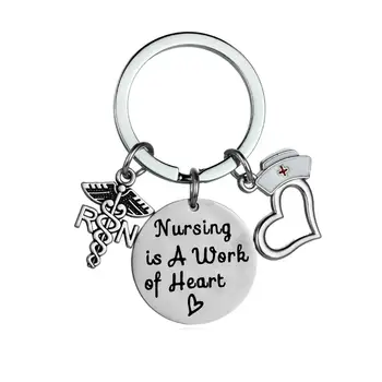

12PC Engraved Words Nursing Is A Work Of Heart Keychains Stainless Steel Keyrings RN Nurse Cap Pendant Nurse's Day Gift Jewelry