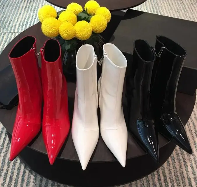 BONJEAN Newest Pointed Toe Patent Leather Woman Boots Sexy Thick Heels Ankle Boots Runway Riding Boots Red Black White Silver
BONJEAN Newest Pointed Toe Patent Leather Woman Boots Sexy Thick Heels Ankle Boots Runway Riding Boots Red Black White Silver