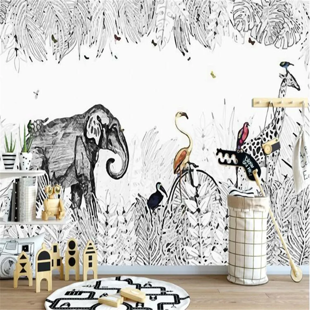 

Milofi Custom large wallpaper mural 3D simple hand-painted small fresh elephant giraffe TV background wall
