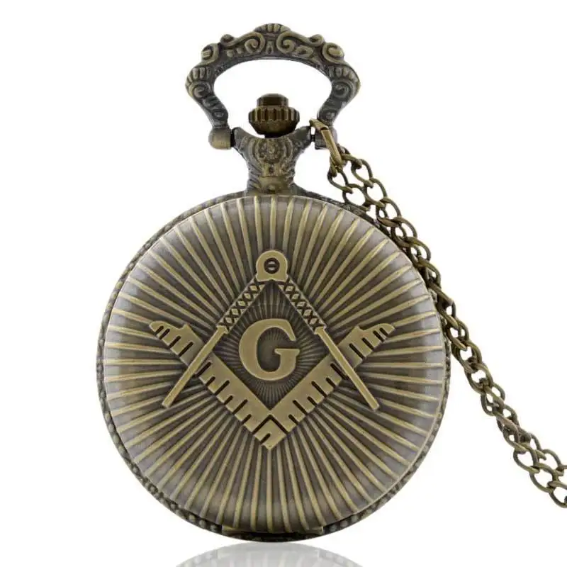 

IBEINA Free Mason Bricks Mason Theme Full Hunter Quartz Engraved Fob Retro Pendant Pocket Watch Chain Gift