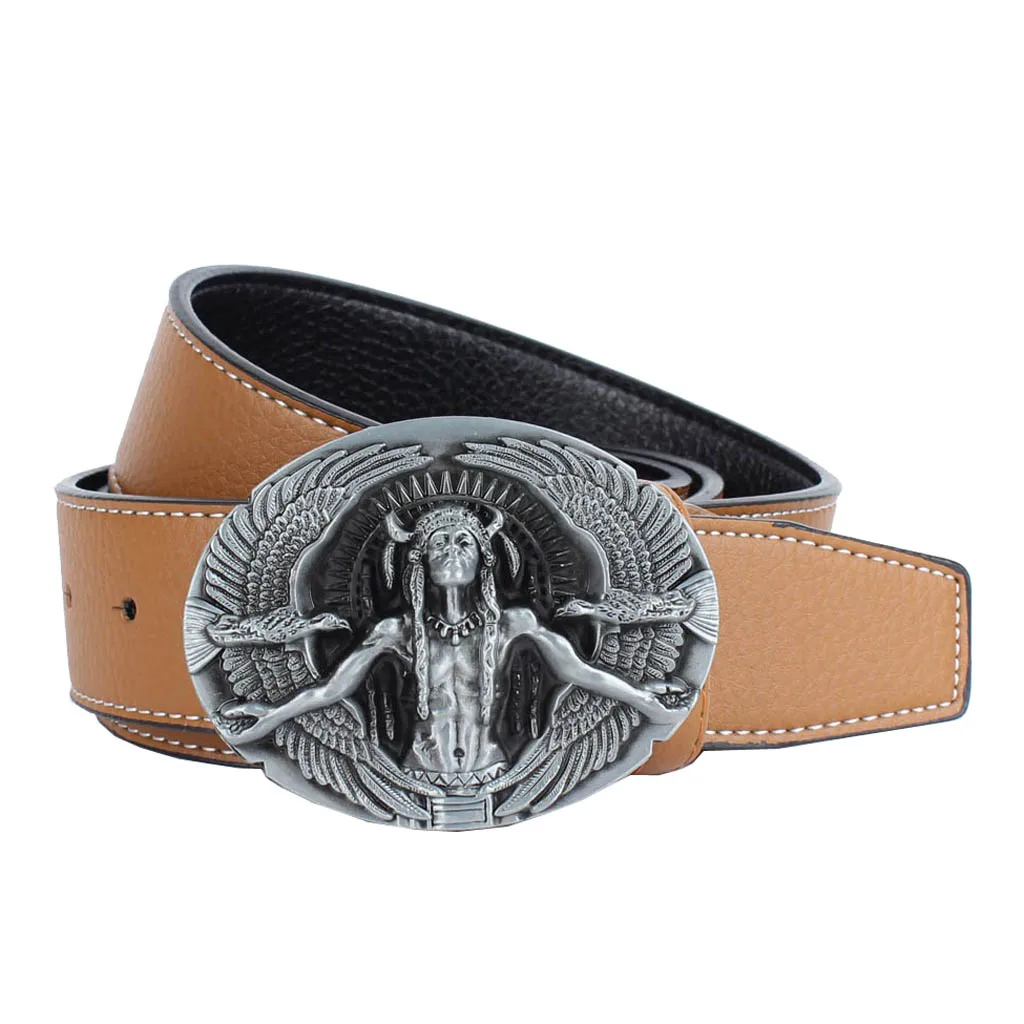 Men's PU Leather Casual Belt with Oval Zinc Alloy Carved Native Chief Eagle Buckle Waistband Men's PU Leather Casual Belt with Oval Zinc Alloy Carved Native Chief Eagle Buckle Waistband