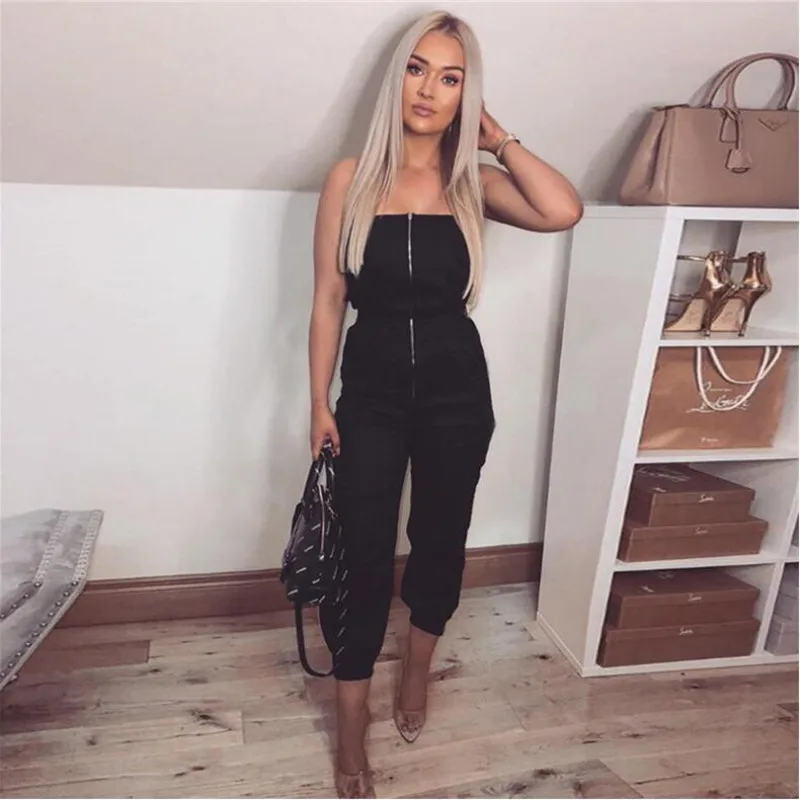 

New Fashion Women Jumpsuit Zipper Fly Strapless Sexy Sleeveless Playsuit With Packets Patchwork Female Fashion Leisure Rompers