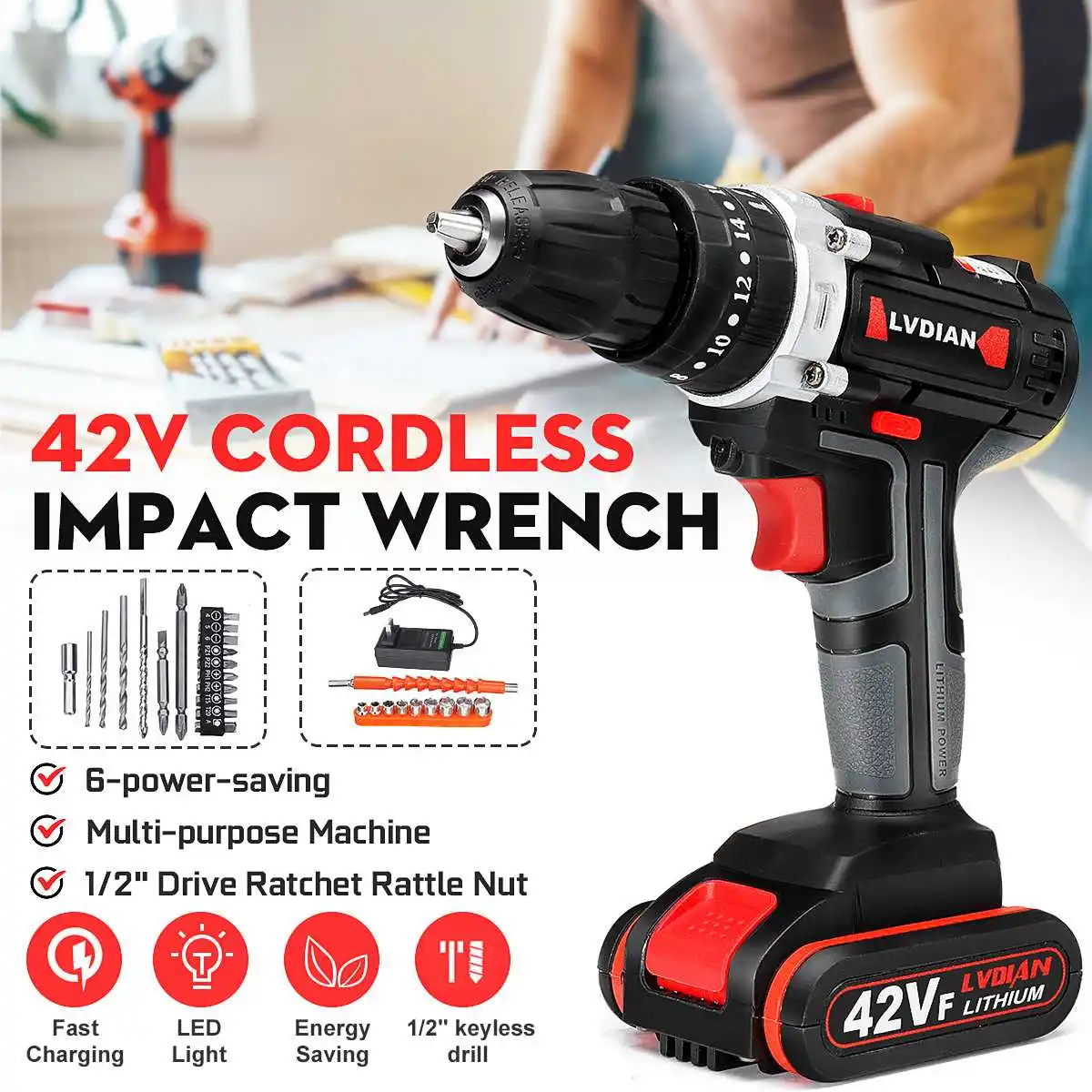 42V Cordless Drill Electric Drill Wireless Power Driver Lithium-Ion 1/2x Battery Screwdriver Drilling Machine 25 Stage LED Light
42V Cordless Drill Electric Drill Wireless Power Driver Lithium-Ion 1/2x Battery Screwdriver Drilling Machine 25 Stage LED Light