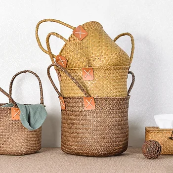 Handmade seaweed woven hamper rattan handle blue shopping basket sundries toys home storage basket LM7251030
Handmade seaweed woven hamper rattan handle blue shopping basket sundries toys home storage basket LM7251030