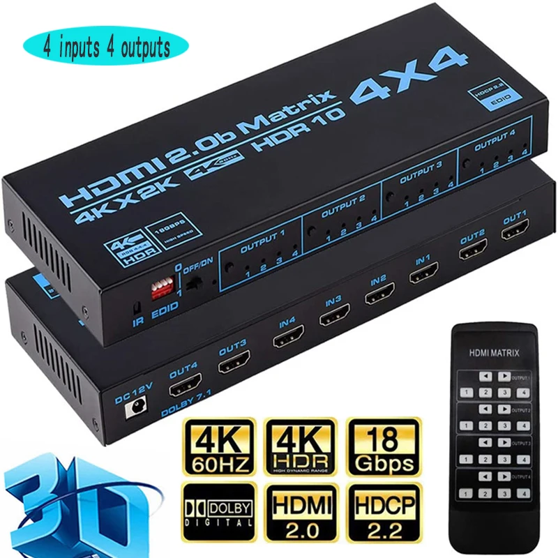 HDMI Matrix Switch 4x4, 4K HDMI Matrix Switcher Splitter 4 In 4 Out Box with EDID Extractor and IR Remote Control
HDMI Matrix Switch 4x4, 4K HDMI Matrix Switcher Splitter 4 In 4 Out Box with EDID Extractor and IR Remote Control