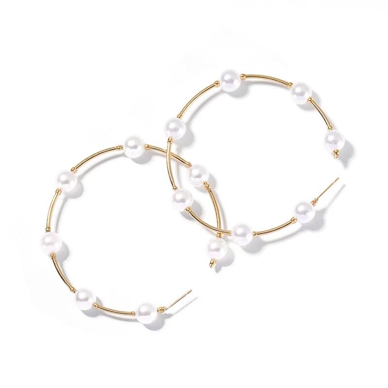 Bohmeian-Boucles d'oreilles créoles rondes en perles blanches pour femmes, grandes boucles d'oreilles de déclaration, bijoux de fête exagérés, document doré 3