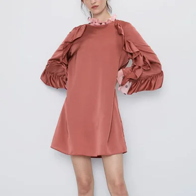 

2019 Autumn New Pink Women Dress Office Lady Straight Loose Solid Ruffles O-Neck Long Sleeve Laminated Decoration Mini Dress