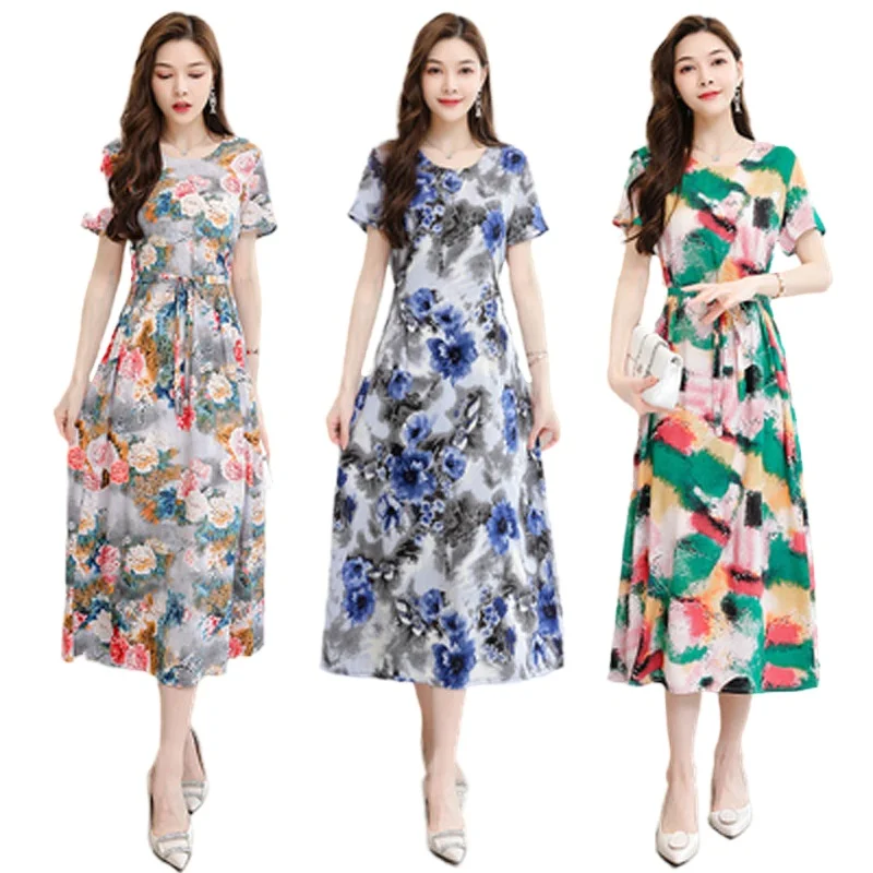 

Summer Women's dress fashion O-neck Flower Print cotton Dress Middle-aged Plus Size 5XL Mother Elegant Short sleeve long Dress